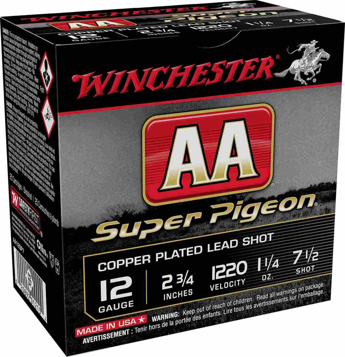 Winchester AA Super Pigeon Shotshells 12 ga 2-3/4″ 1-1/4 oz 1220 fps #7.5 25/ct