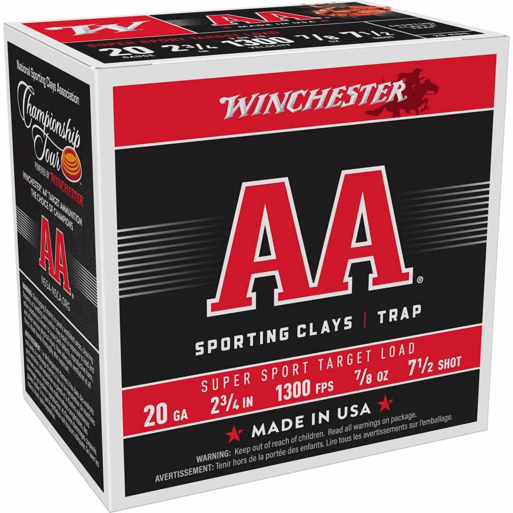 Winchester AA Super Sport 20 ga 2-3/4″ 3 dr 7/8 oz #7.5 1300 fps – 25/ct