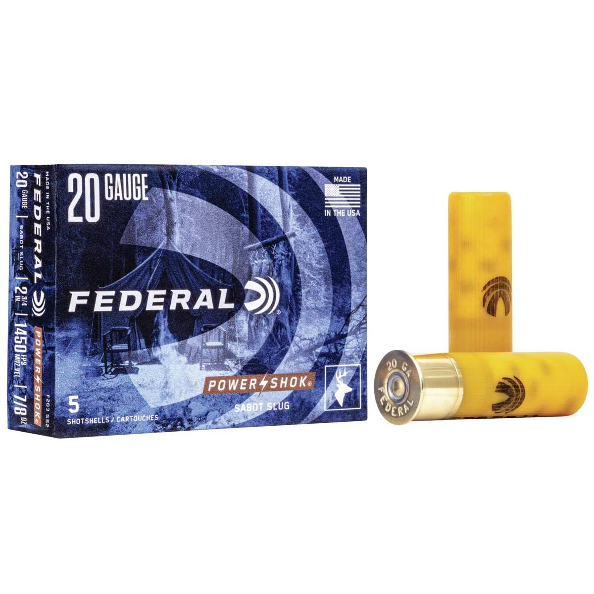 Federal Power-Shok Sabot Slug 20 ga 2 3/4″ MAX 7/8 oz Slug 1450 fps – 5/box