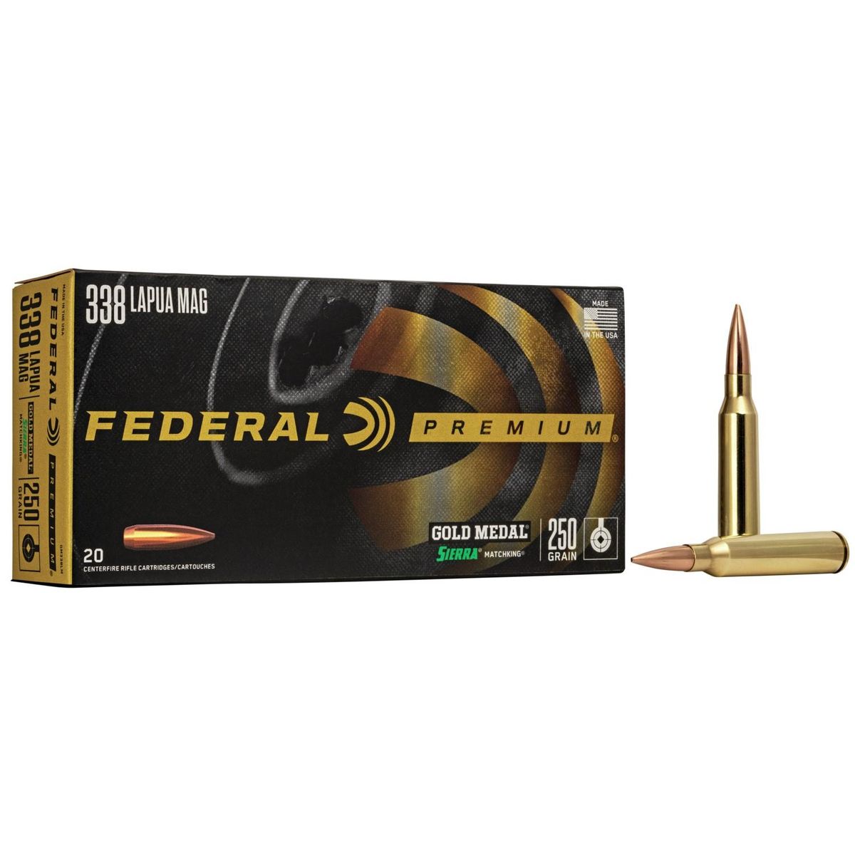 Federal Premium Gold Medal Rifle Sierra MatchKing Ammunition .338 Lapua Mag 250 gr BTHP 2950 fps – 20/ct