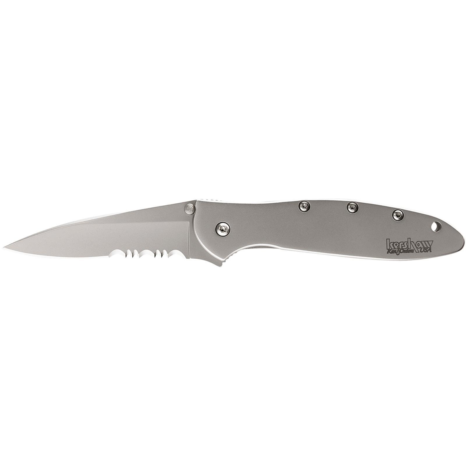 Kershaw Ken Onion Leek Folding Knife 3″ Partially Serrated Drop Point Blade Silver