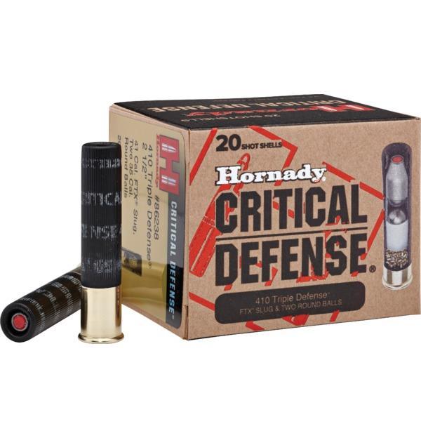 Hornady 410 Critical Defense Shotgun Ammunition – .410 ga –  2 1/2″ –  1 slug 2 balls Slug – #000 – 750 fps – 20/box