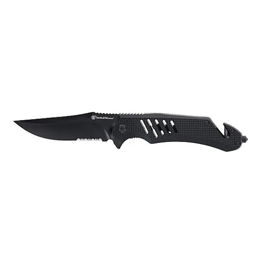 Smith & Wesson Extreme Ops Folding Knife 3-1/2″ Clip Point Blade Black with Glass Breaker and Strap Cutter