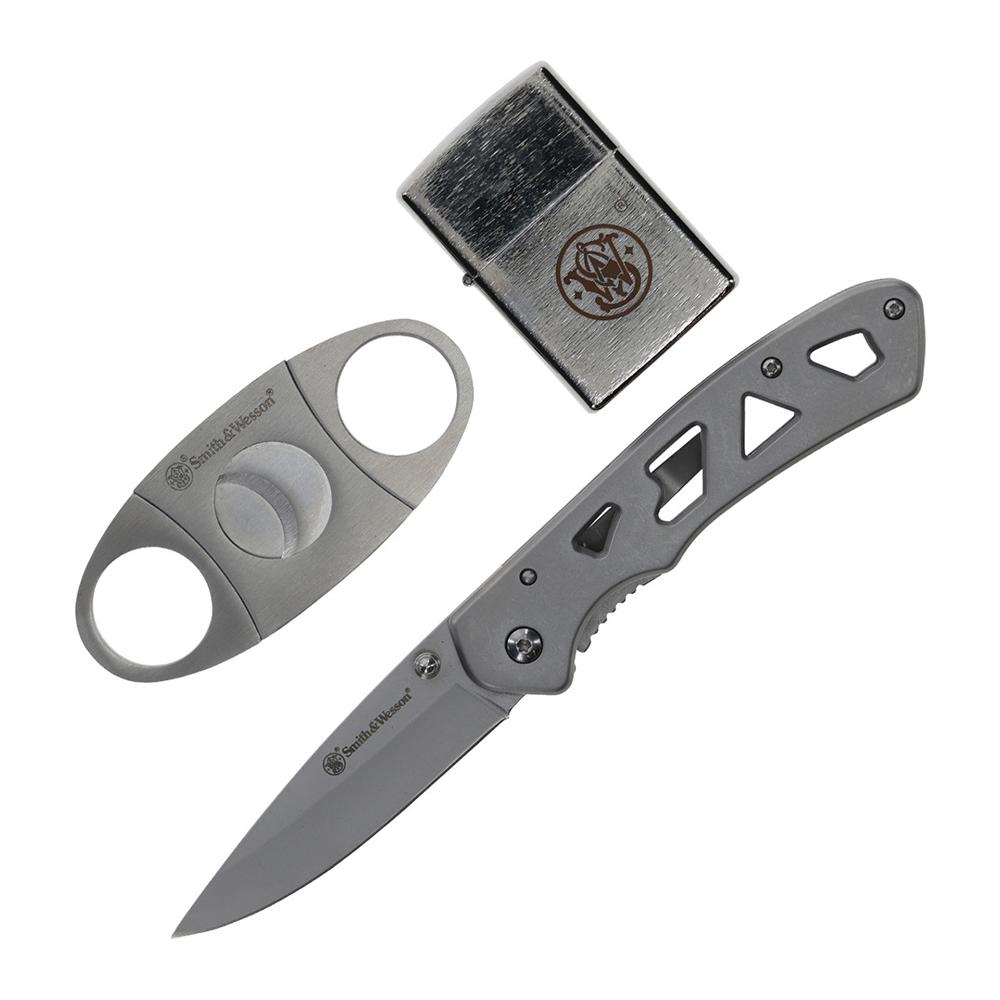 Smith & Wesson Folding Knife Cigar Cutter and Lighter Combo 3″ Drop Point Blade Silver