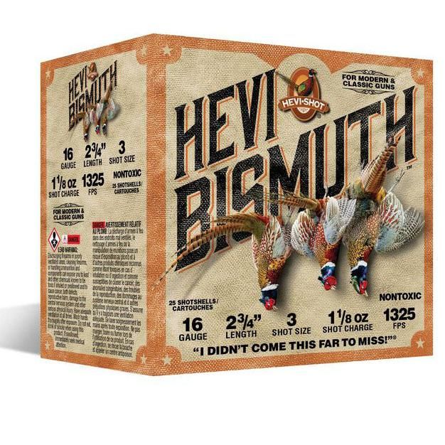 HEVI-Shot HEVI-Bismuth Upland Shotshells 16ga 2-3/4″ 1-1/4oz 1325 fps #3 25/ct