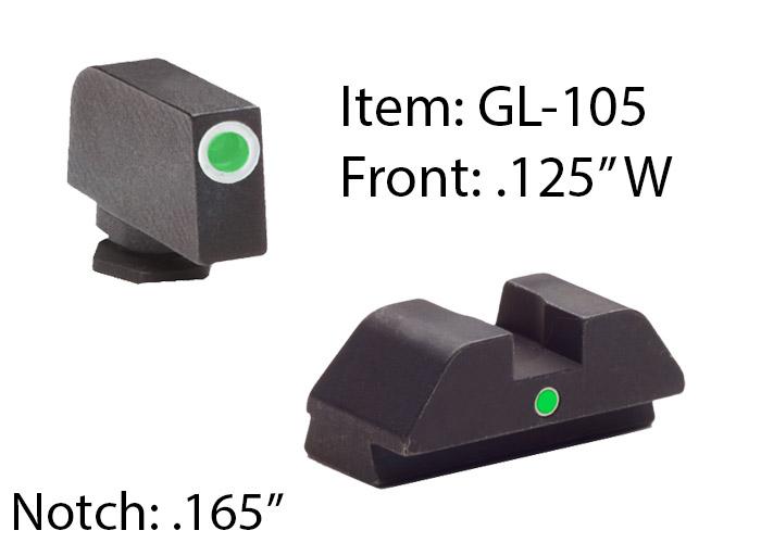 Ameriglo Tritium i-Dot Night Sight Set for Select Glocks – Front Tritium – Green / Front Outline – White / Rear Style – Green Square Notch