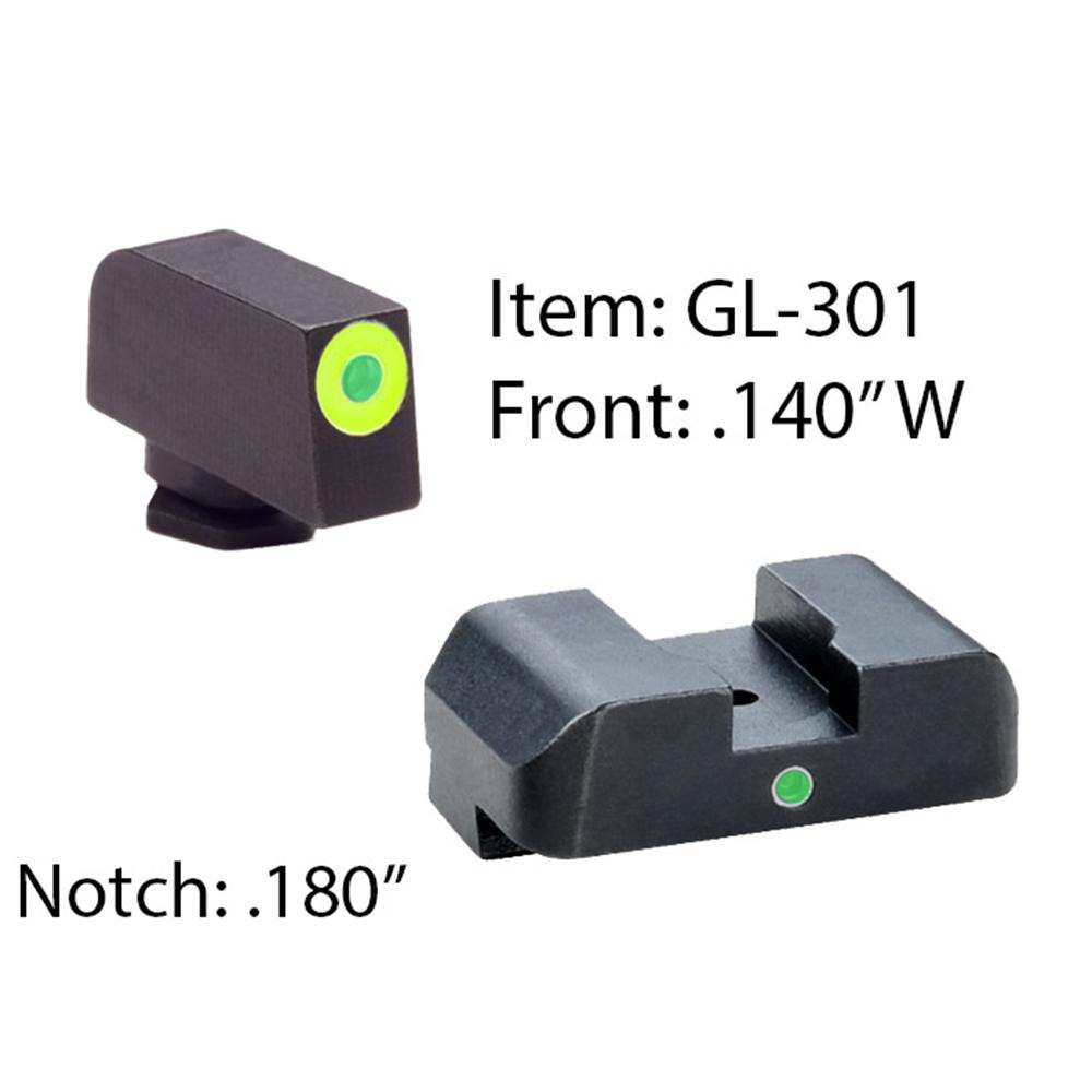 Ameriglo Tritium i-Dot Night Sight Set for Select Glocks / Front Outline Color – LumiGreen / Rear Metal Style – New