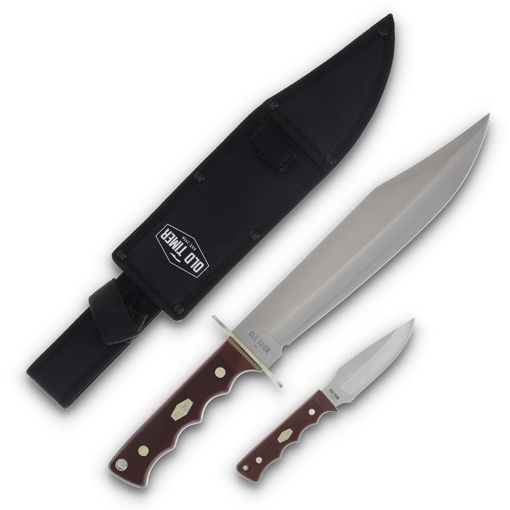 Old Timer Bowie Fixed Blade Combo 10″ Bowie Blade 3-1/2″ Skinner Blade Brown