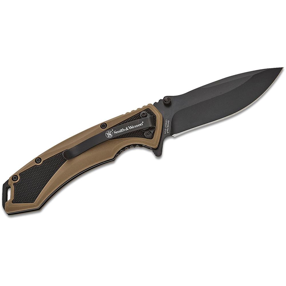 Smith & Wesson Extreme Ops Spring Assist Folding Knife 3-1/4″ Drop Point Blade Black Tan