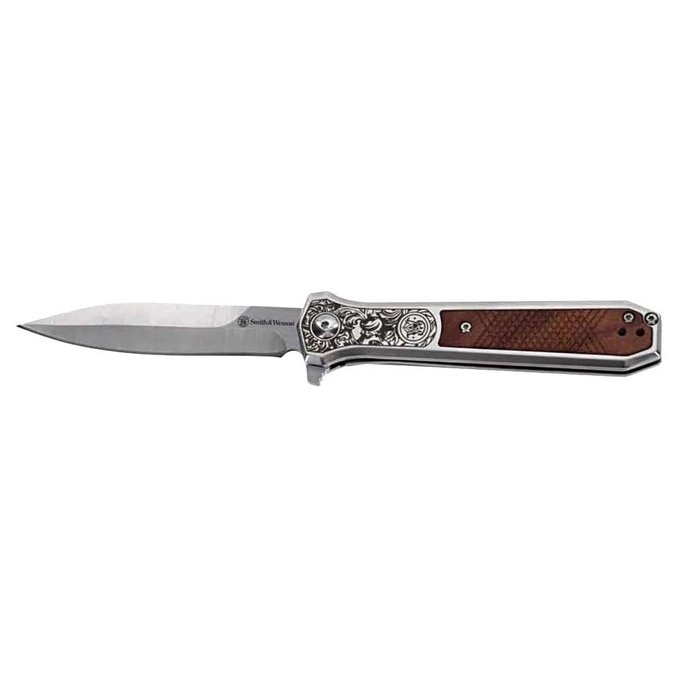 Smith & Wesson KT Unwavered Spring Assist Folding Knife 3-1/5″ Dagger Blade Silver with Brown