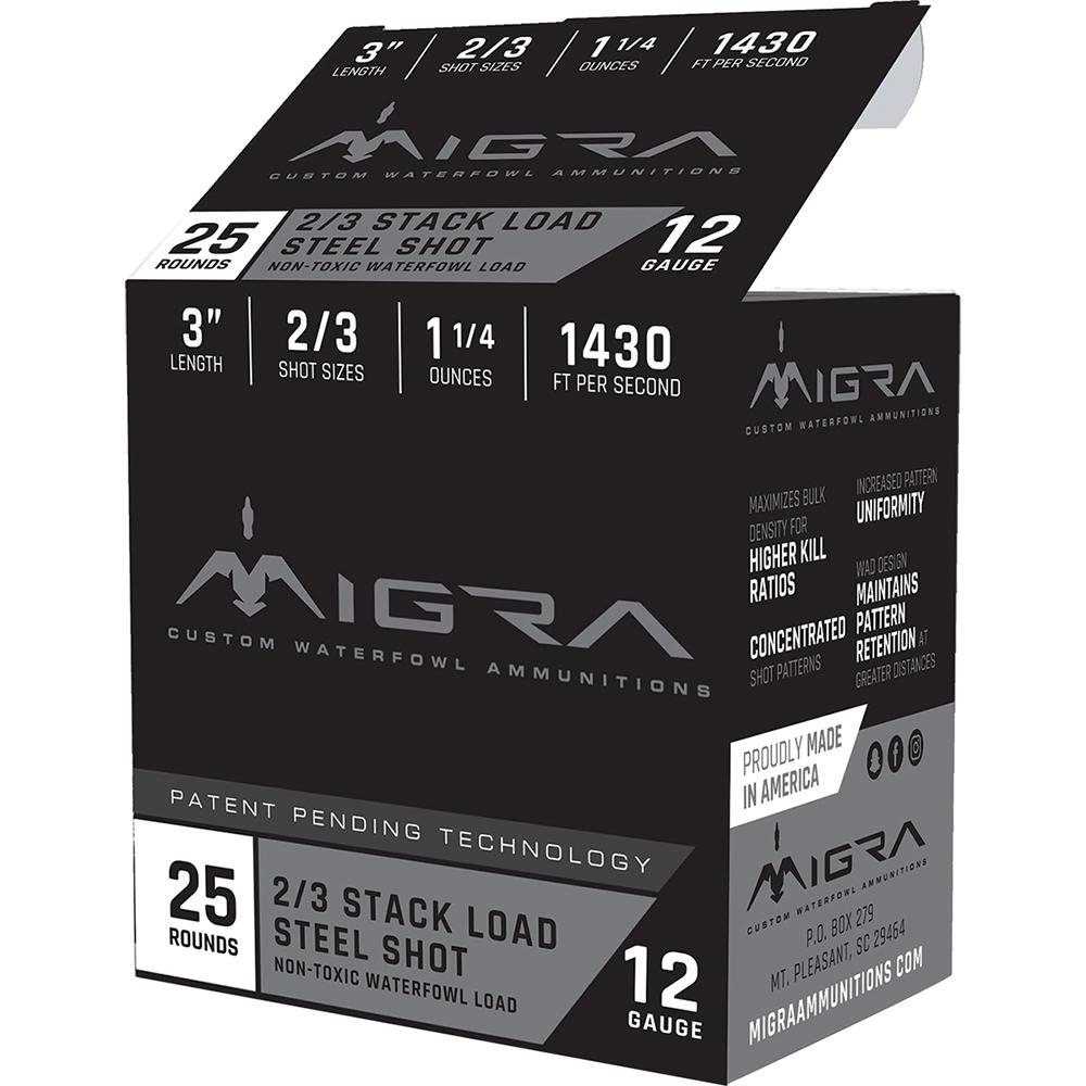 Migra Waterfowl Steel Shot Shot Shells 12 ga 3″ 1-1/4 oz #2#3 1430 fps 25/ct