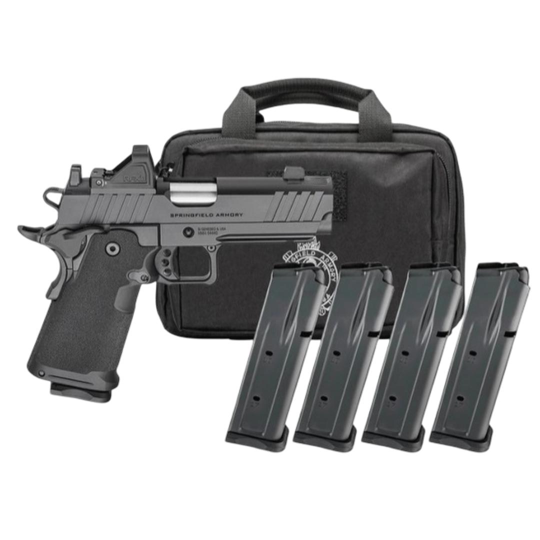 Springfield Armory Gear Pac 1911 DS Prodigy Compact Handgun 9mm Luger 15rd Magazines (4) 4.25″ Barrel Black Viridian Green Dot Bag