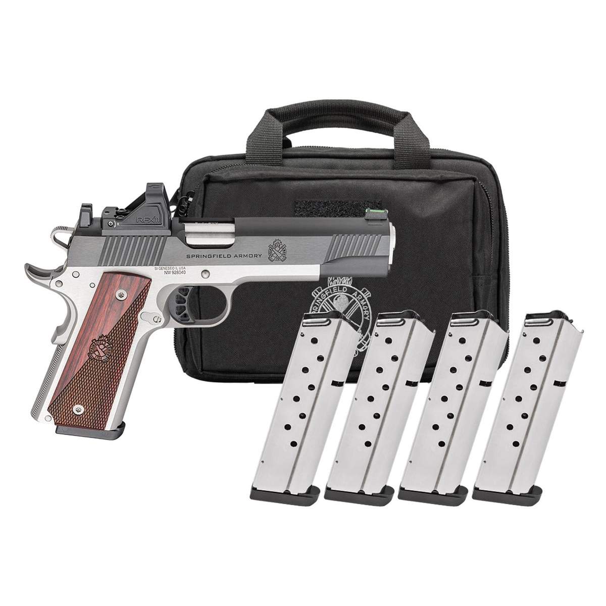 Springfield Gear Pac 1911 Ronin AOS Handgun 9mm Luger 9rd Magazines(4) 5″ Barrel Green Dot & Bag