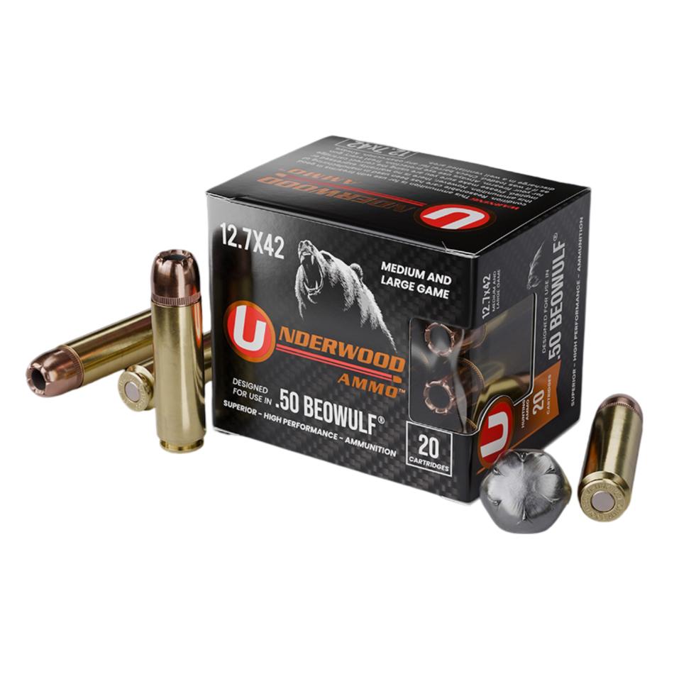 Underwood Hunting & Self Defense Handgun Ammunition 50 Beowulf(12.7×42) 350gr JHP 1775 fps 20/ct