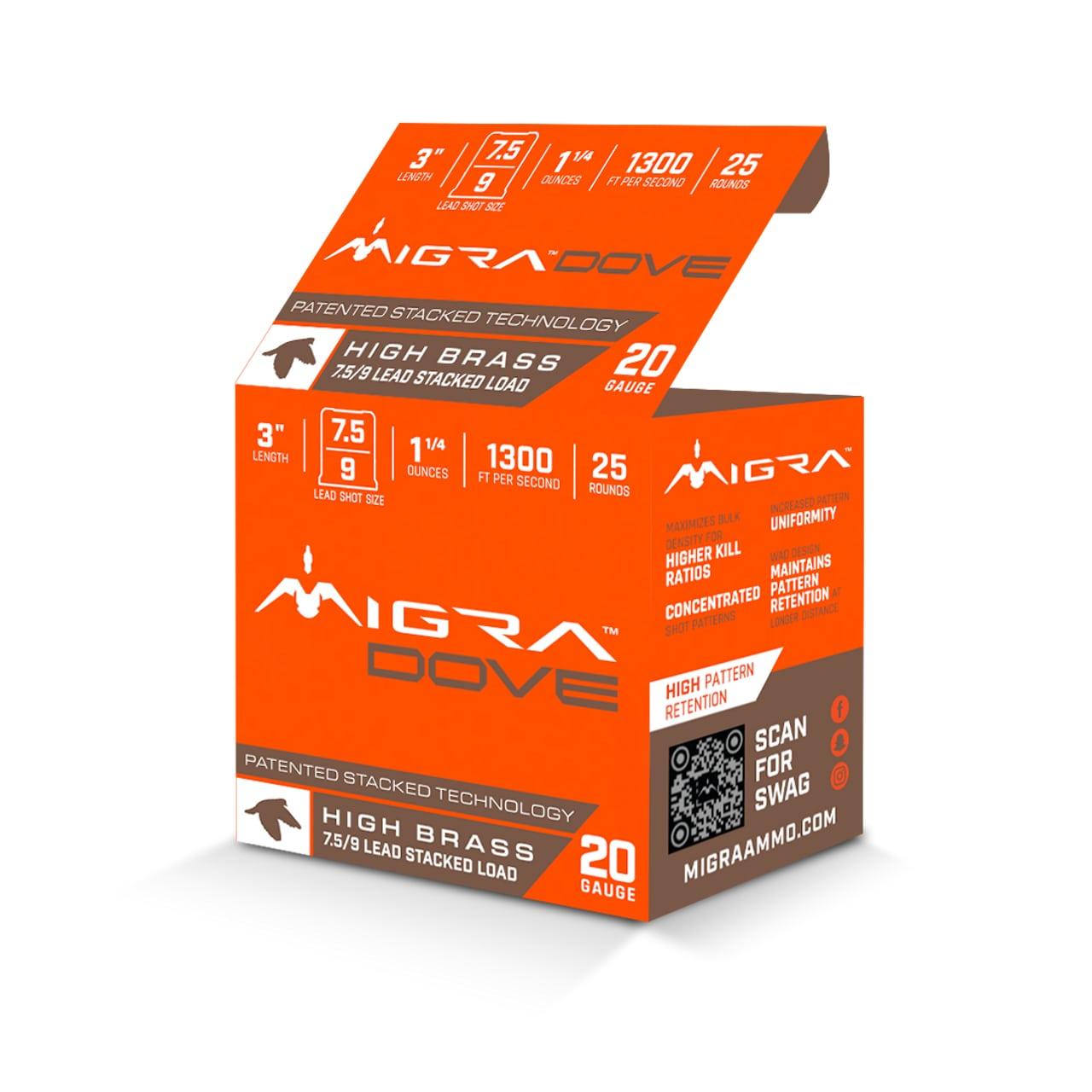 Migra Ultimate Dove Hi-Brass Lead Shotshells 20ga 3″ 1-1/4oz  #7.5 & 9 Shot 25/ct