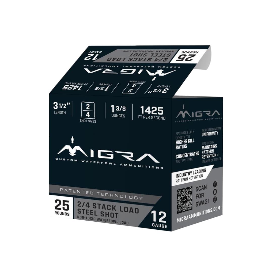 Migra Steel Waterfowl Stacked Shotshells 12ga 3.5″ 1-3/8oz 1425 fps #2 & #4 25/ct