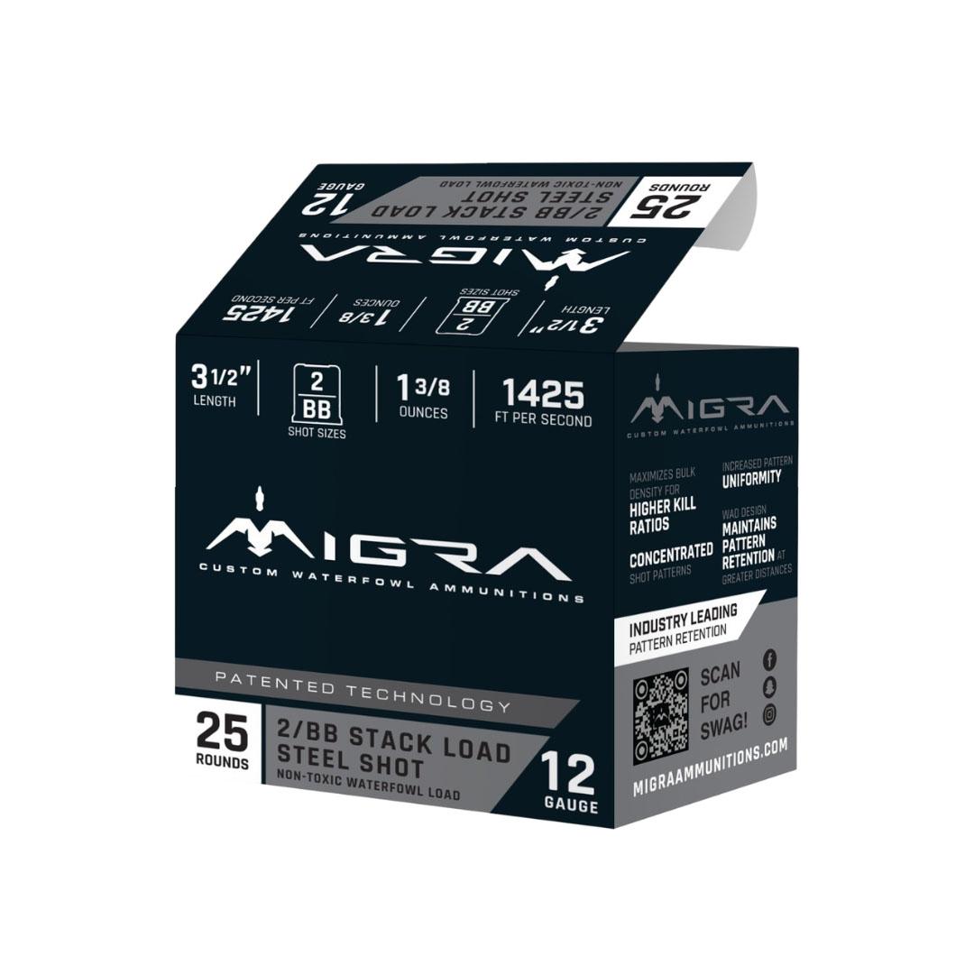 Migra Steel Waterfowl Stacked Shotshells 12ga 3.5″ 1-3/8oz 1425 fps #2 & #BB 25/ct