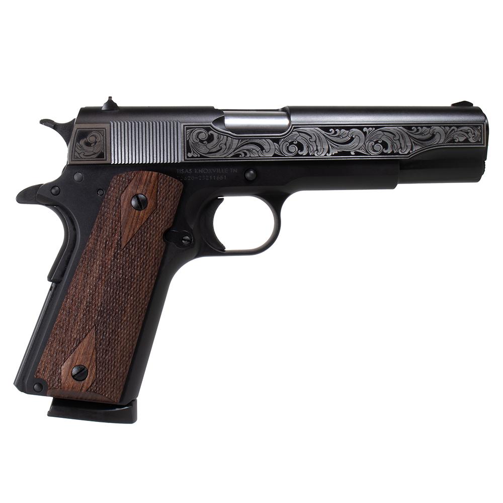 SDS Imports Tisas “Filigree Stainless Steel” 1911 A1 Service 45 Handgun .45 ACP 8rd Magazine 5″ Barrel Black Cerakote