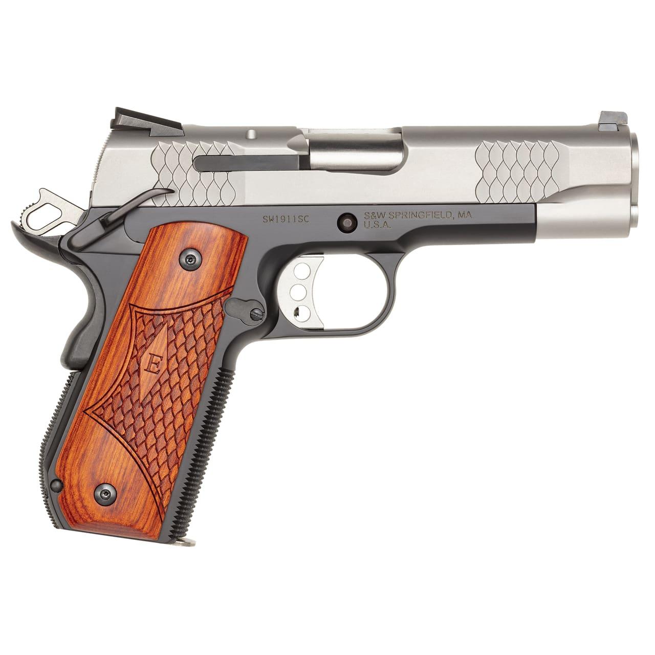 Smith & Wesson 1911SC E Series Handgun .45 ACP 7rd & 8rd Magazines 4.25″ Barrel Round Butt Scandium Frame Silver and Black