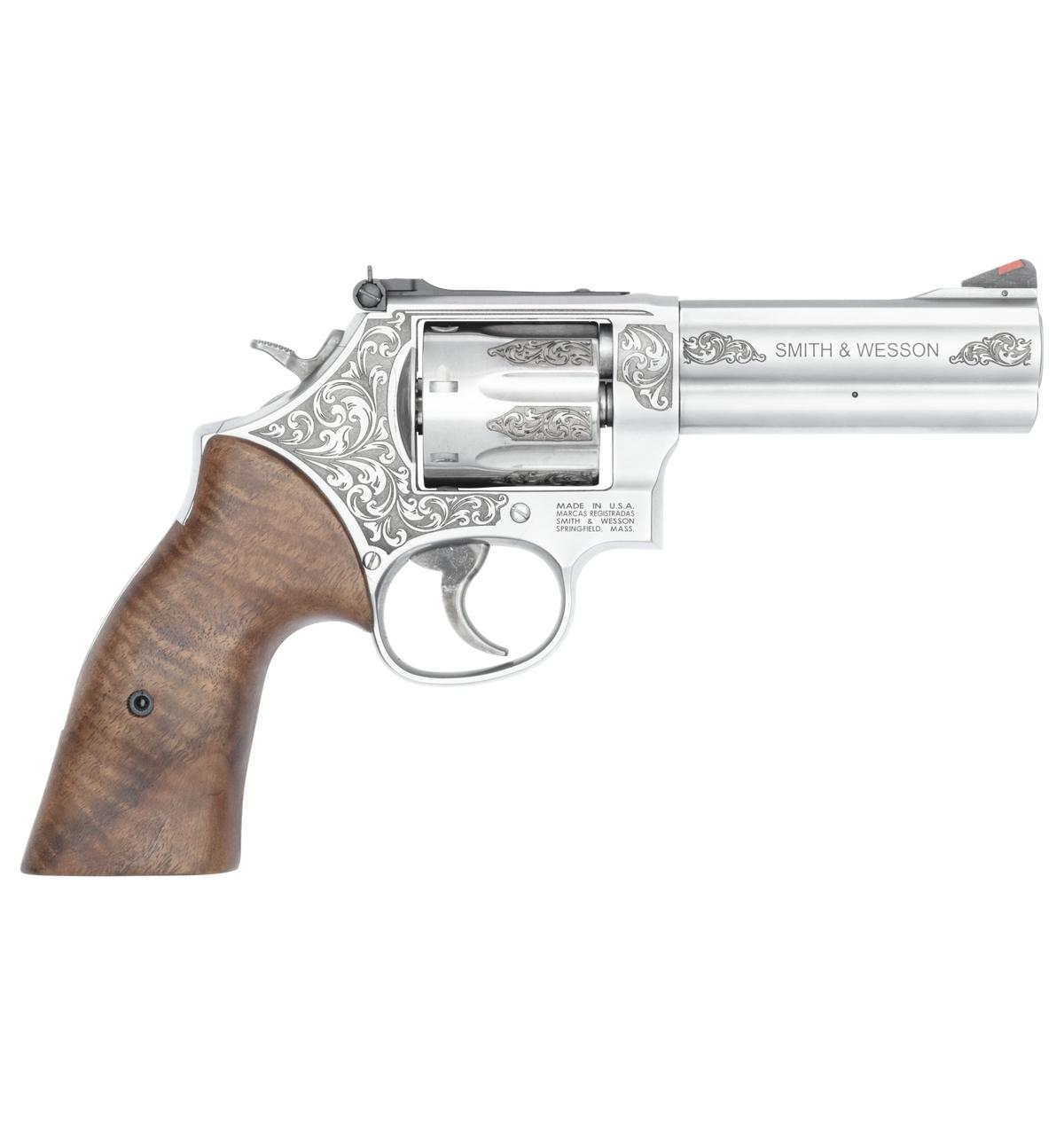 S&W Model 686 Plus Engraved Handgun .357 Mag/38 Spl 7rd Capacity 4.13″ Stainless Barrel Walnut Grips
