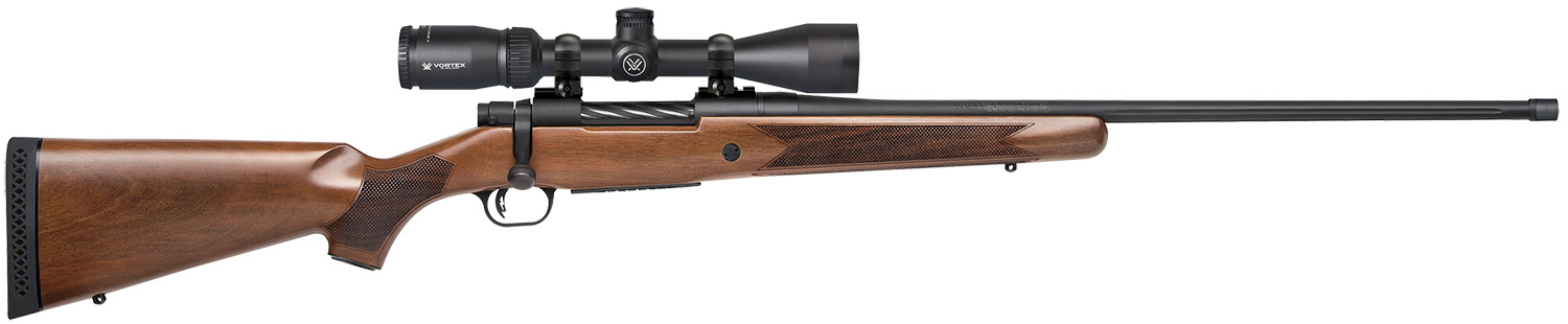 Mossberg 28240 Patriot w/Optic Full Size 7mm PRC 3+1 24″ Matte Blued Fluted Threaded Barrel, Matte Blued Drilled & Tapped Receiver, Walnut Fixed Stock, Vortex Crossfire II 3-9x40mm Scope, Right Hand