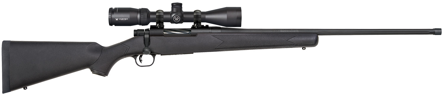 Mossberg 28244 Patriot w/Optic 6.5 PRC 4+1 24″ Matte Blued Fluted Threaded Barrel, Matte Blued Drilled & Tapped Receiver, Fixed Black Synthetic Stock, Vortex Crossfire II 3-9x40mm
