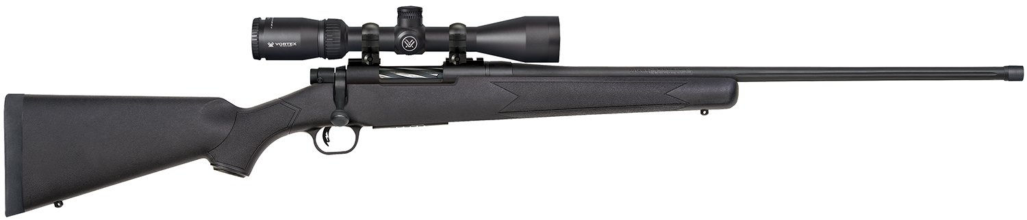 Mossberg 28247 Patriot w/Optic 350 Legend 4+1 22″ Matte Blued Fluted Threaded Barrel, Matte Blued Drilled & Tapped Receiver, Fixed Black Synthetic Stock, Vortex Crossfire II 3-9x40mm