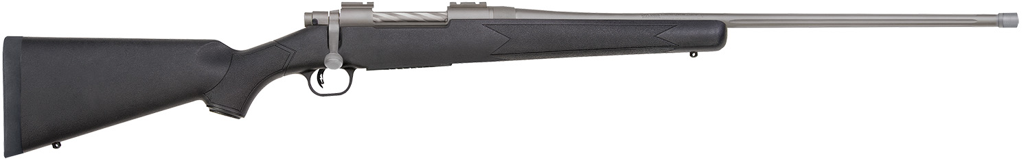 Mossberg 28261 Patriot  Full Size 7mm PRC 3+1 24″ Stainless Cerakote Fluted Threaded Barrel, Drilled & Tapped Stainless Cerakote Receiver, Black Fixed Synthetic Stock
