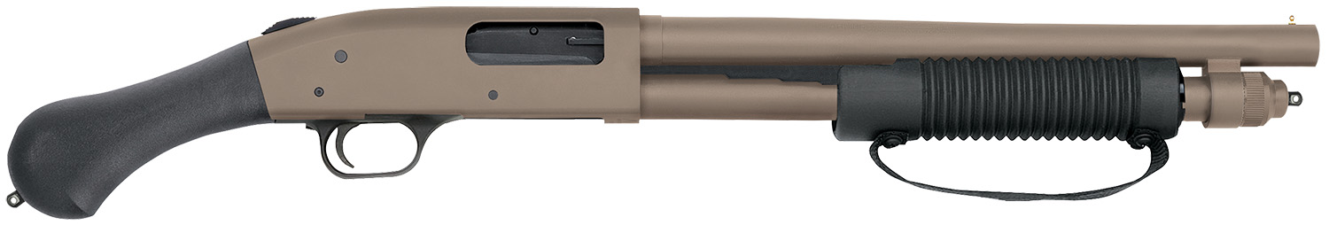 Mossberg 50653 590 Shockwave 12 Gauge 5+1 3″ 14.375″ Heavy Barrel, Flat Dark Earth Cerakote, Dual Extractors, Drilled & Tapped Receiver, Corncob Forend w/Strap, Raptor Birdshead Grip Stock