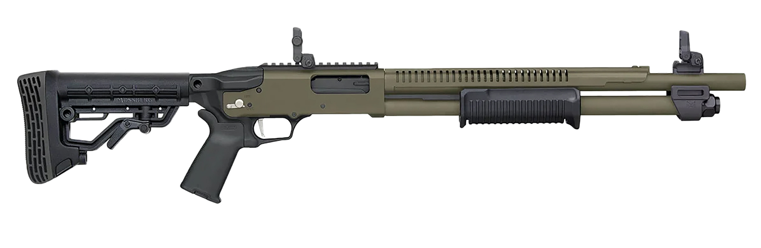Mossberg 50759 590R 12 Gauge Pump 3″ 6+1 18.50″ OD Green Cerakote Heat Shield Barrel, OD Green Cerakote Steel Receiver, AR Mil-Spec Adjustable Black Synthetic Stock, Black Polymer Magpul Grip