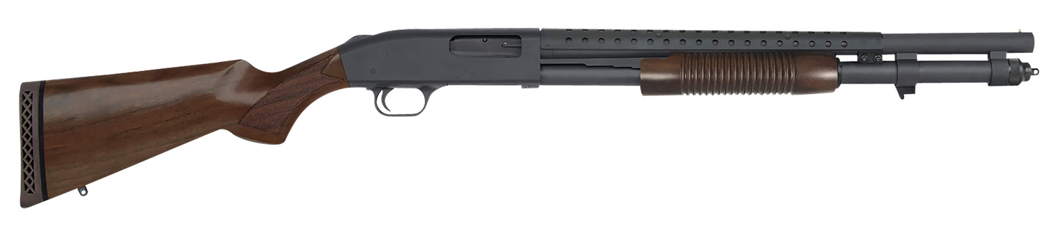 Mossberg 52150 590 Retrograde 12 Gauge Pump 3″ 8+1 20″ Matte Blued Heat Shield Barrel, Matte Blued Drilled & Tapped Receiver, Fixed Walnut Stock
