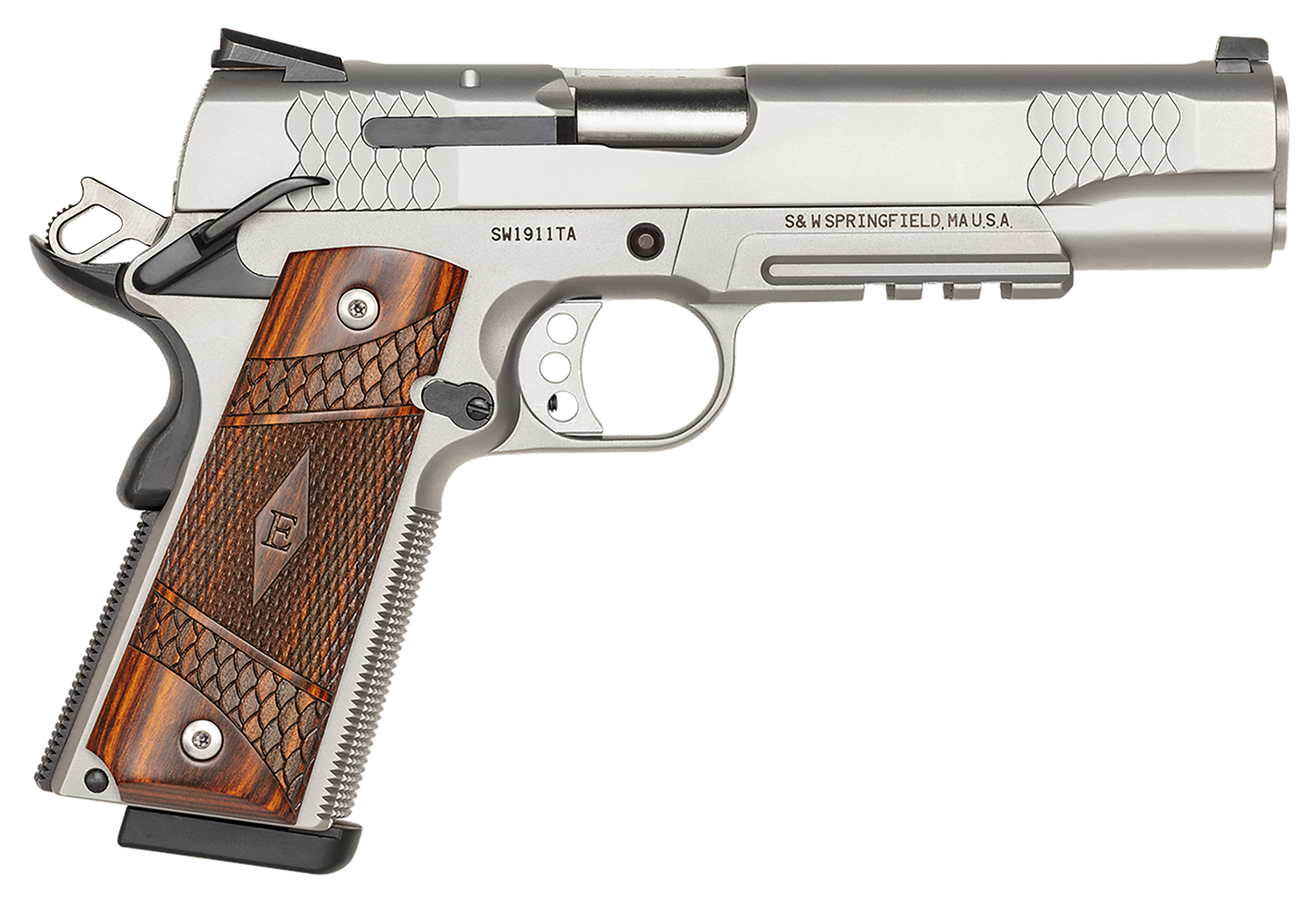 Smith & Wesson 108411 1911 E-Series 45 ACP  5″ Barrel 8+1, Satin Stainless Steel Frame & Slide, Laminate Wood E Series Grip, Tactical Accessory Rail, Manual Grip & Thumb Safety
