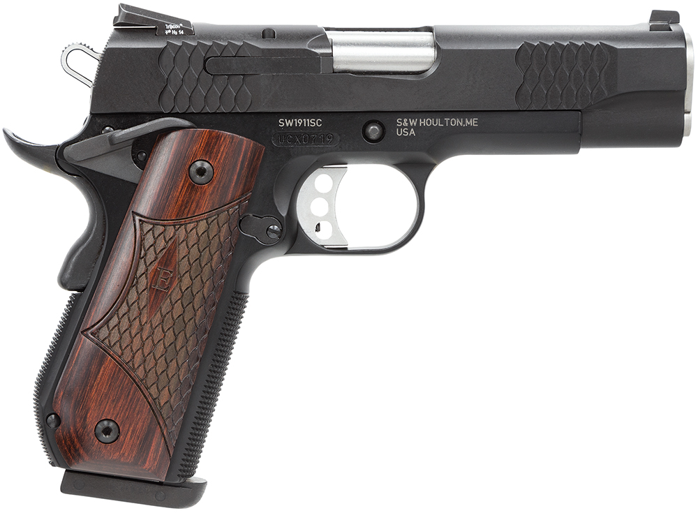 Smith & Wesson 108483 1911 E-Series 45 ACP 7+1/8+1, 4.25″ Stainless Steel Barrel, Black Serrated Stainless Steel Slide, Black Aluminum Frame w/Beavertail, Round Butt Laminate Wood Grip