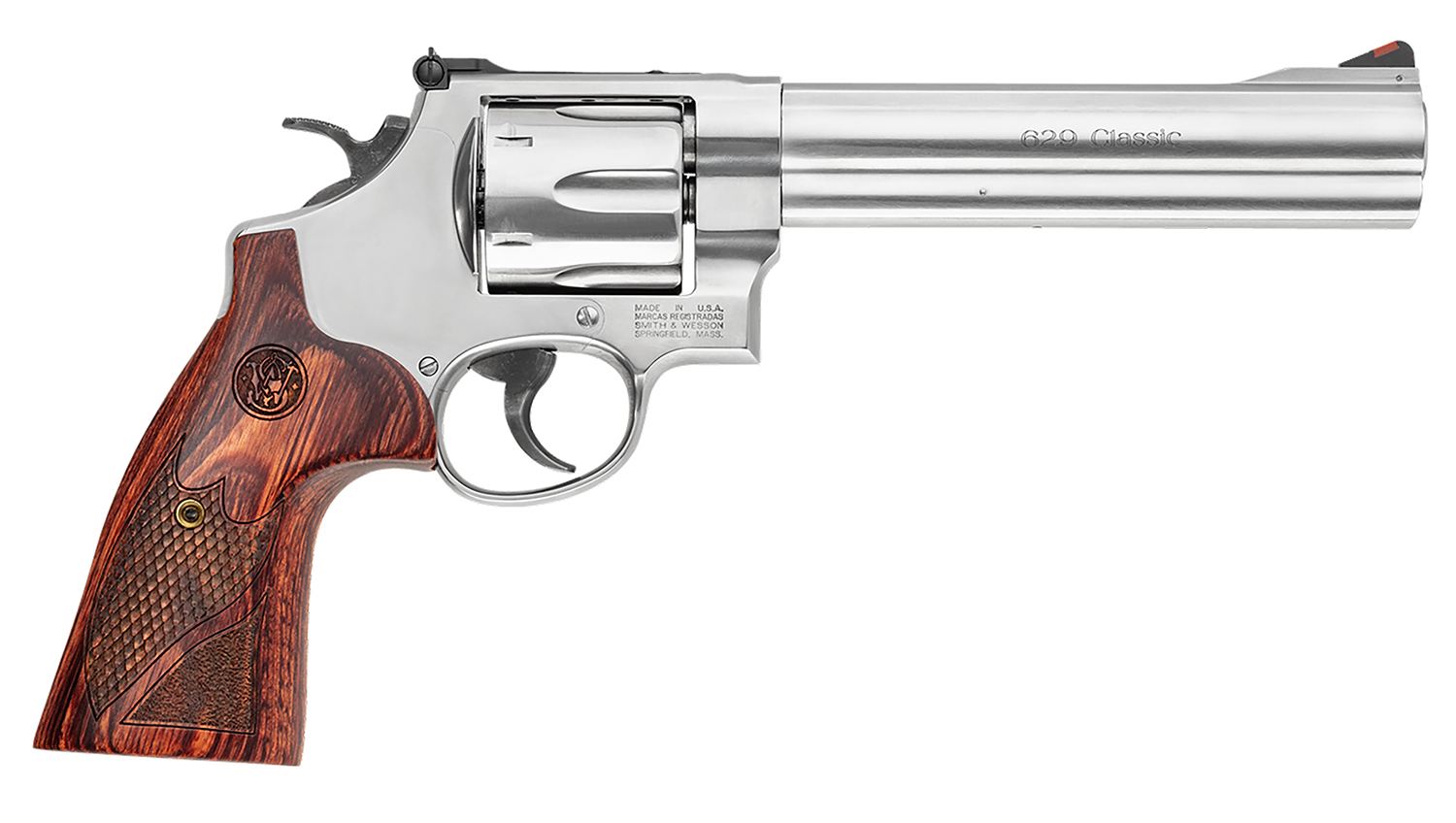 Smith & Wesson 150714 Model 629 Deluxe 44 Rem Mag or 44 S&W Spl Stainless Steel 6.50″ Barrel & 6rd Cylinder, Satin Stainless Steel N-Frame, Textured Wood Grip