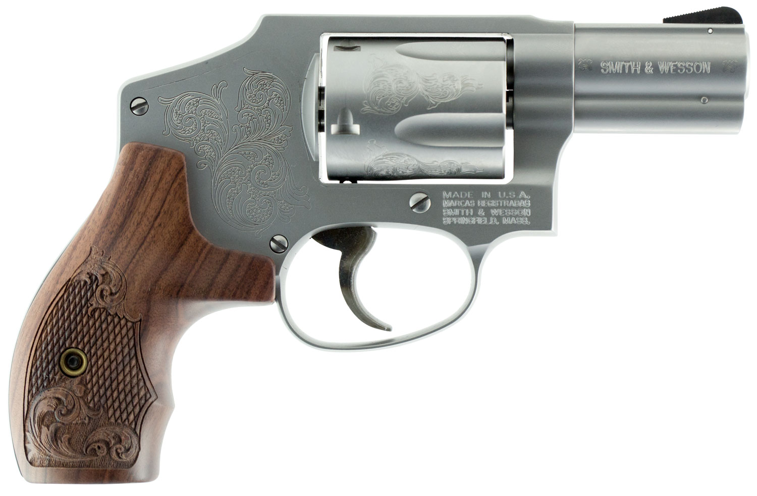 Smith & Wesson 150784 Model 640 *CA Compliant 357 Mag 2.13″ Stainless Engraved Barrel , 5rd Stainless Engraved Cylinder, Matte Silver Stainless Steel Engraved J Frame , Wood Engraved Grip