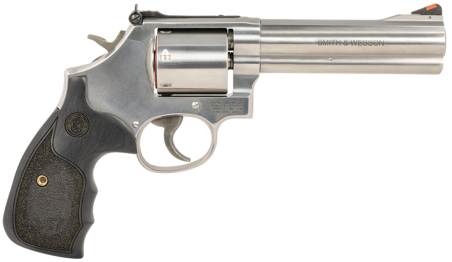 Smith & Wesson 150854 Model 686 Plus 38 S&W Spl +P, 357 Mag 7rd 5″ Stainless Steel Barrel & Cylinder Satin Stainless Steel Frame with Black & Silver Custom Wood Grip & Red Ramp Front Sight