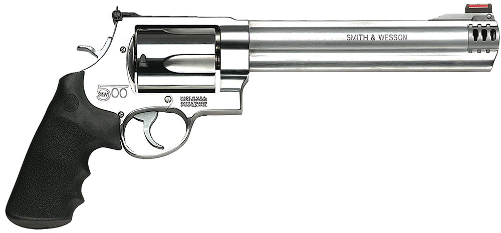 Smith & Wesson 163501 Model 500 X-Large 500 S&W Mag 5 Shot 8.38″ Satin Compensated Barrel, Satin Cylinder, Satin Stainless Steel Frame, Black Finger Grooved Grip, Exposed Hammer