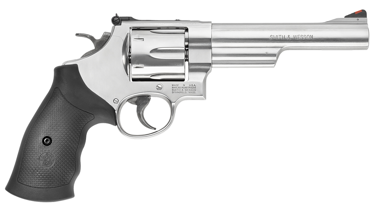 Smith & Wesson 163606 Model 629 44 Rem Mag or 44 S&W Spl Stainless Steel 6″ Barrel & 6rd Cylinder, Satin Stainless Steel N-Frame, Red Ramp Front/White Outline Rear Sights