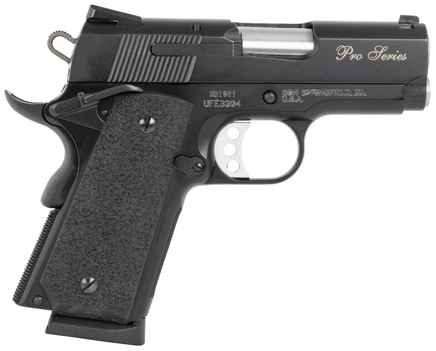 Smith & Wesson 178020 PC 1911 Pro Sub-Compact Frame 45 ACP 7+1, 3″ Stainless Steel Barrel, Black Serrated Carbon Steel Slide, Black Aluminum Frame w/Beavertail, Black Stippled Grip