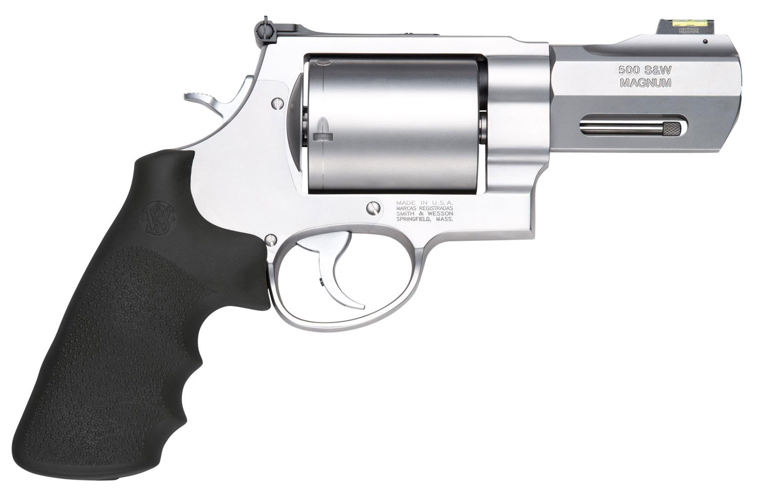 Smith & Wesson 11623 Model 500 Performance Center 500 S&W Mag Stainless Steel 3.50″ Barrel, 5rd Unfluted Cylinder & X Frame, Trigger Overtravel Stop, HiViz Fiber Optic Front Sight