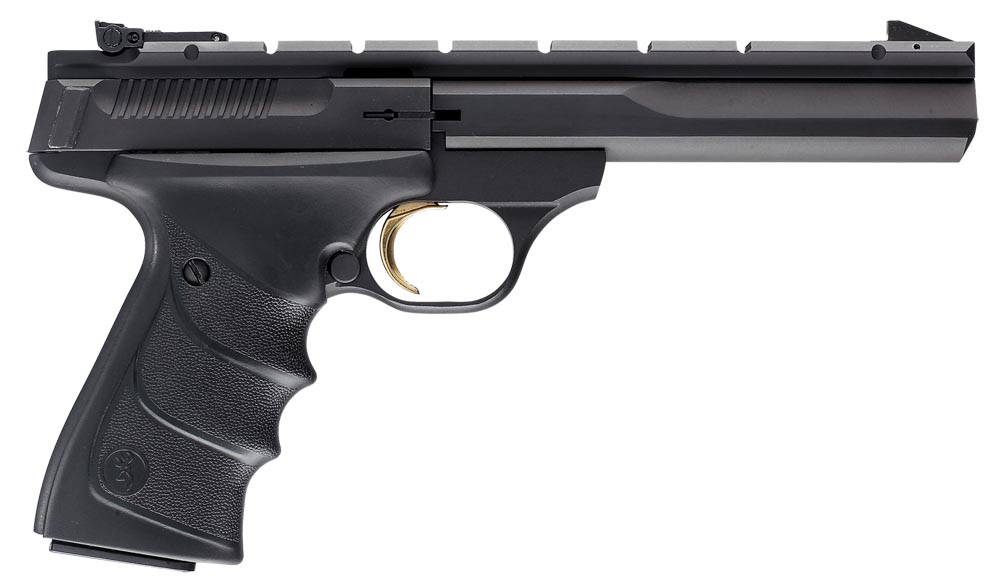 Browning 051421490 Buck Mark Contour *CA Compliant 22 LR 10+1 5.50″ Black Contoured Barrel, Matte Blued Aluminum Frame & Receiver w/Rail, Black Overmolded Grip, Right Hand