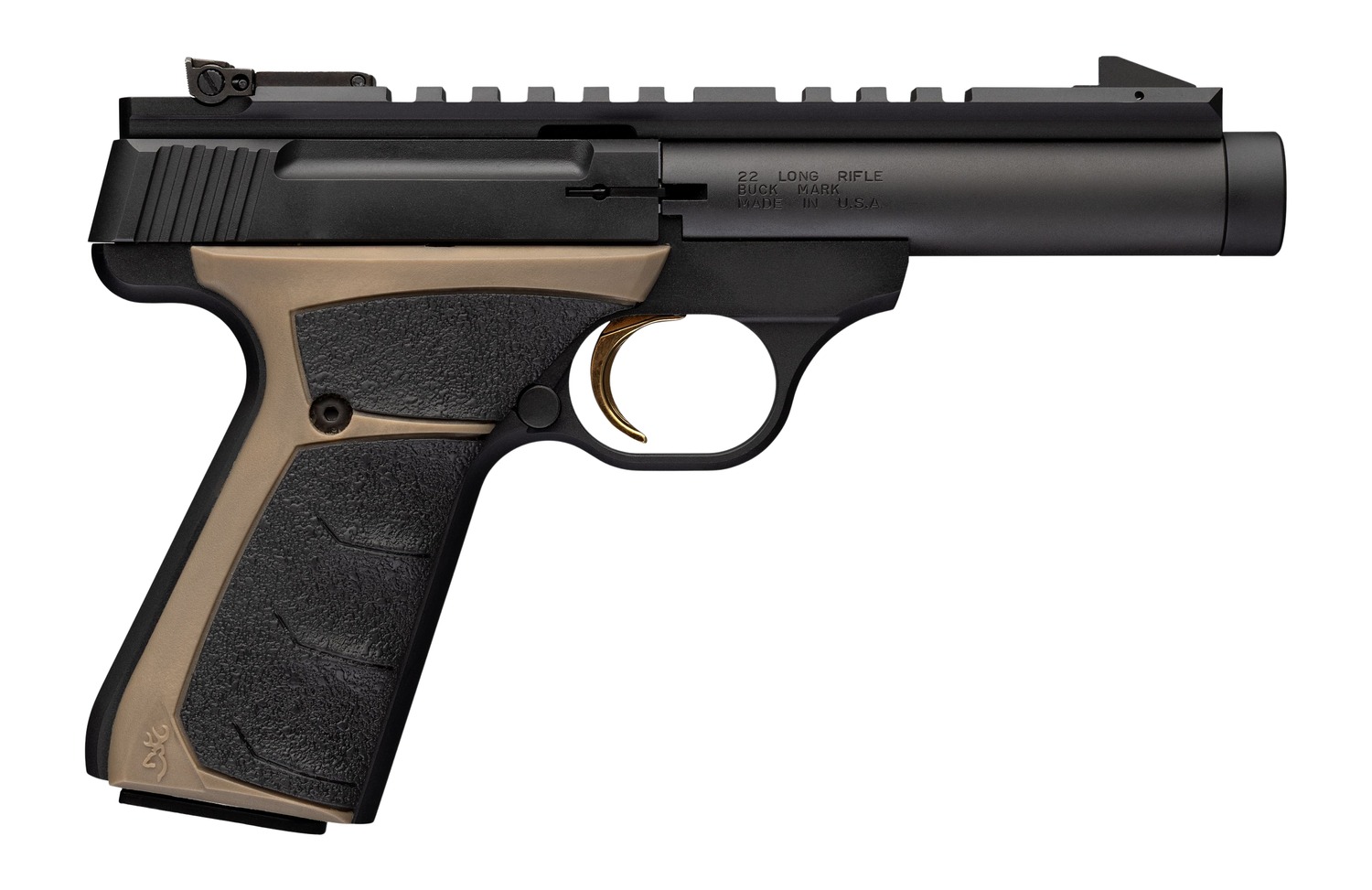 Browning 051614490 Buck Mark Field Target 22 LR 10+1 4.40″ Matte Black Bull Threaded Barrel, Picatinny Rail Receiver, Matte Black FDE w/Black Overmold Grip