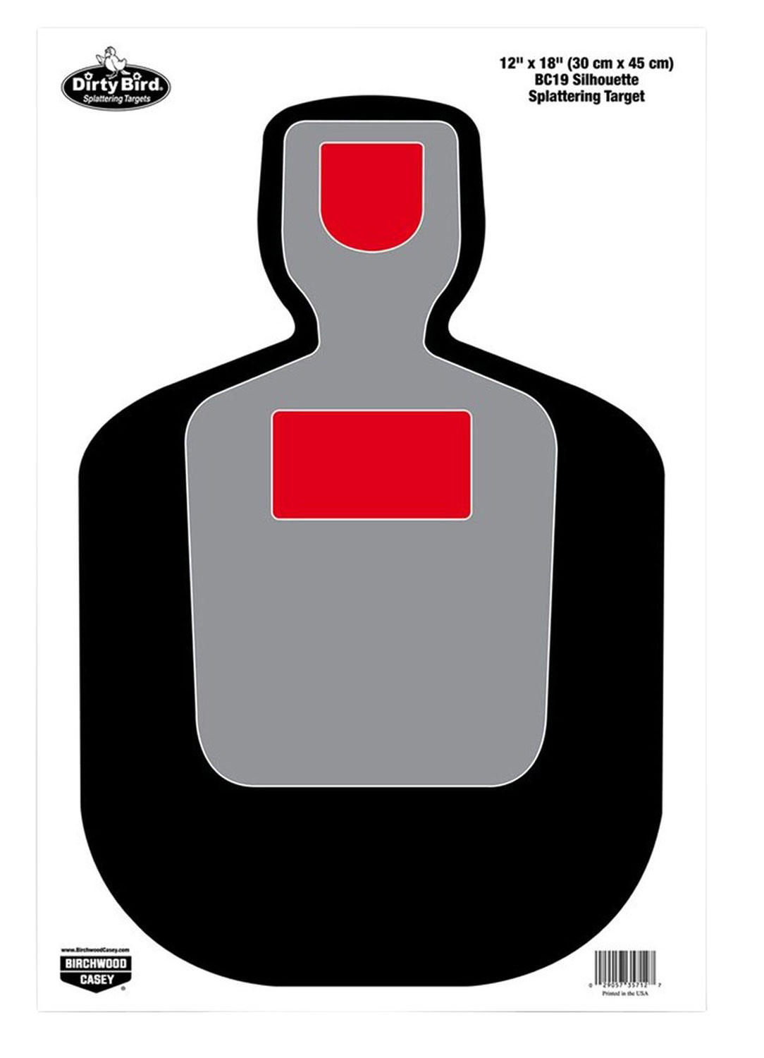 Birchwood Casey 35712 Dirty Bird BC-19 Silhouette Paper Hanging Pistol 12″ x 18″ Black/Gray/Red White Impact Splatter 100 Per Pkg