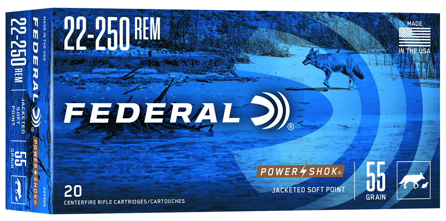 Federal 22250A Power-Shok  22-250Rem 55gr Jacketed Soft Point 20 Per Box/10 Case