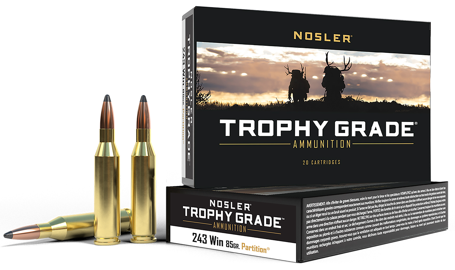 Nosler 60002 Trophy Grade 243Win 85gr Nosler Spitzer Partition 20 Per Box/10 Case