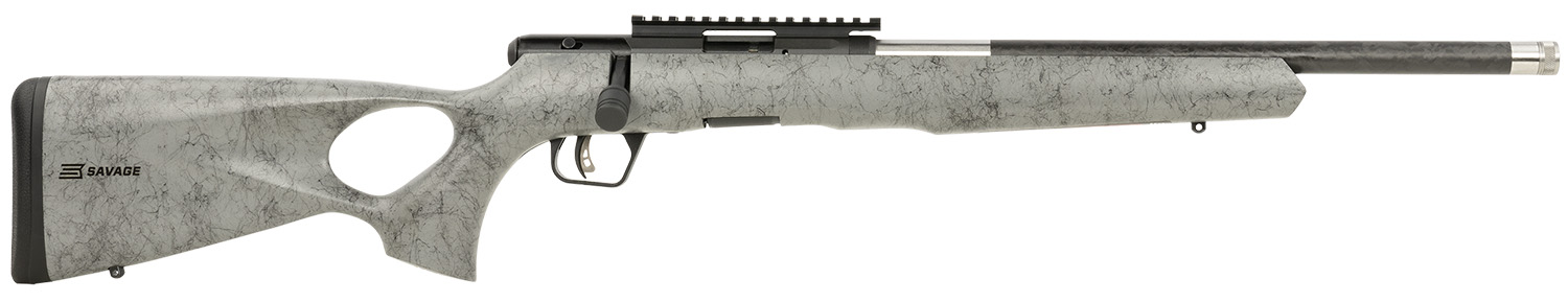 Savage Arms 70218 B Series TimberLite 22 LR 10+1 18″ Carbon Fiber Threaded Barrel, Matte Black Picatinny Rail Carbon Steel Receiver, Gray w/Black Webbing Fixed Thumbhole Synthetic Stock