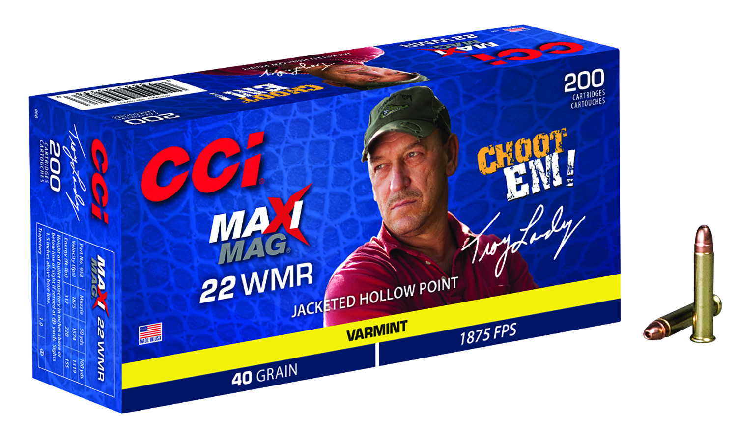 CCI 958 Maxi-Mag Varmint 22WMR 40gr Jacketed Hollow Point 200 Per Box/10 Case