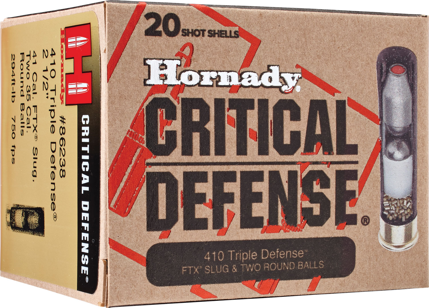 Hornady 86238 Critical Defense Triple Defense 410Gauge 2.50″ 2RoundBalls/1 FTXSlug 20 Per Box/10 Case