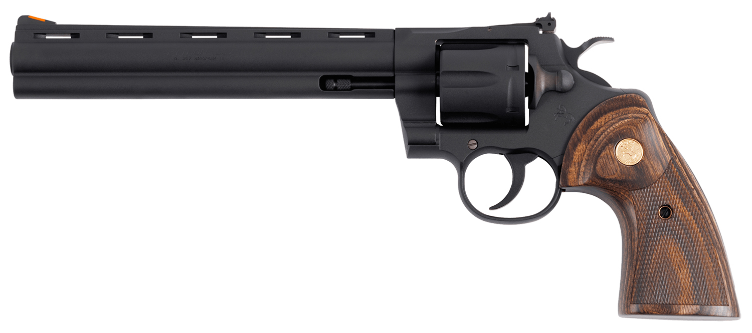 Colt Mfg PYTHONBM8WTS Python 357 Mag/38 Special 6 Shot 8″ Matte Blued Vent Rib Carbon Steel Barrel, Cylinder & Frame, Wood Grip, Exposed Hammer