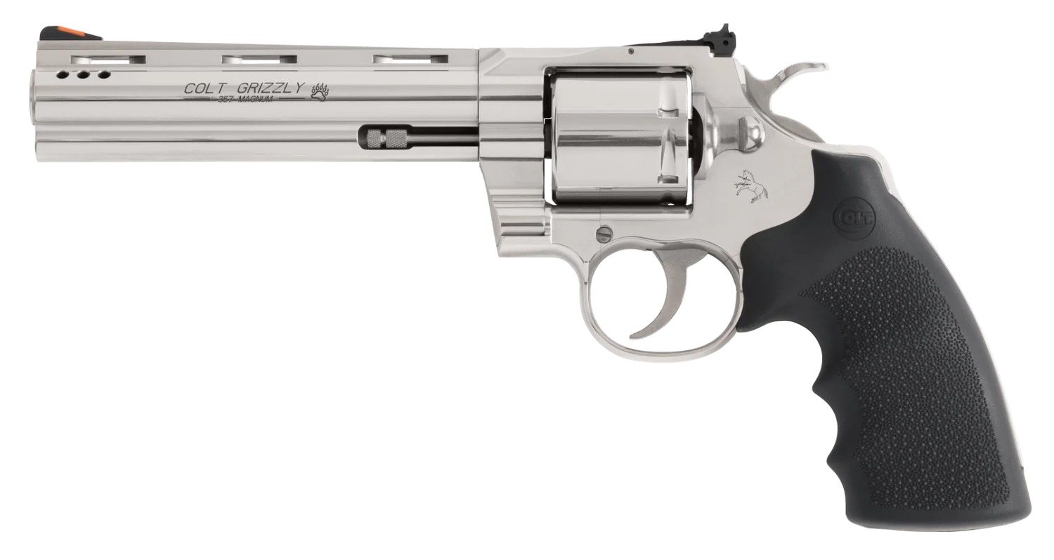 Colt Mfg GRIZZLYSP6RTS Grizzly 357 Mag 6 Shot 6″ Stainless Ported Vent Rib Barrel, Stainless Unfluted Cylinder, Stainless Stainless Steel Frame, Black Hogue Overmolded Grip, Exposed Hammer